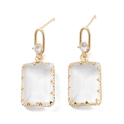 Golden Brass Micro Pave Cubic Zirconia Stud Earring, Glass Rectangle Drop Earrings, Golden, 37x14mm