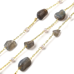 Лабрадорита Цепочки из бусин ручной работы с натуральными самородками лабрадорита, пайки, с бусинами из АБС-пластика и фурнитурой из латуни с покрытием из стойки, долговечный, без свинца и без кадмия, с катушкой, реальный 18 k позолоченный, 4~7x6~12x3~5 мм