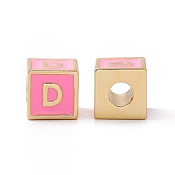 Letter D Стойки покрытие латунь эмаль бисер, без кадмия, без никеля и без свинца, реальный 18 k позолоченный, куб с письмом, розовый жемчуг, letter.d, 6x6x6 мм, отверстие : 2.5 мм