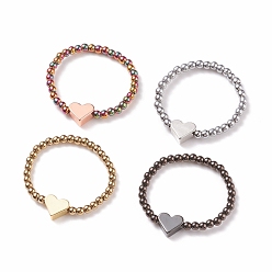 Mixed Color Glass Beaded Finger Ring with Brass Heart for Women, Mixed Color, US Size 12 3/4(22mm)