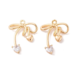 Настоящее золото 18K Латунные микропаве прозрачные подвески с фианитом, без кадмия, без никеля и без свинца, бантом, реальный 18 k позолоченный, 24.5x20x4 мм, отверстие : 1.6 мм