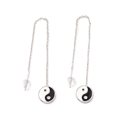 Stainless Steel Color Long Chain with Enamel Yin Yang Dangle Stud Earrings, 304 Stainless Steel Ear Thread for Women, Stainless Steel Color, 101mm, Pin: 1mm