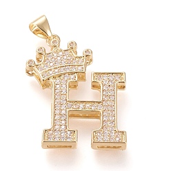 Letter H Латунные микро проложить кубического циркония подвески, долговечный, со сменными под залог, letter.h с короной, реальный 18 k позолоченный, прозрачные, letter.h, ч: 28x21x4 мм, отверстие : 3x4 мм