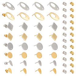 Золотой & Цвет Нержавеющей Стали 32 шт 8 стиль 304 серьги-гвоздики из нержавеющей стали, овальные и ромбические и плоские круглые и каплевидные, золотые и нержавеющая сталь цвет, 10~18.5x6~13.5x0.6~1.4 мм, отверстие : 1.2~1.6 мм, штифты : 0.7~0.8 мм, 4 шт / стиль