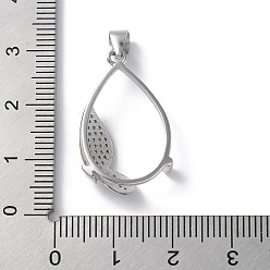 Real Platinum Plated Rack Plating 925 Sterling Silver Micro Pave Clear Cubic Zirconia Pendants Cabochon Settings, Teardrop with Butterfly, with 925 Stamp, Real Platinum Plated, 32x15x5.5mm, Hole: 4x5mm, tray: 20.5x13mm.