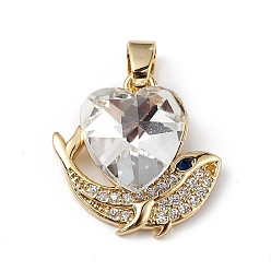 Clear Real 18K Gold Plated Rack Plating Brass Micro Pave Cubic Zirconia Pendants, with Glass, Long-Lasting Plated, Cadmium Free & Lead Free, Heart & Whale, Clear, 19x19x8mm, Hole: 5x3mm