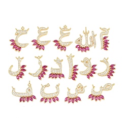 Светло-Вишневый Латунные микро проложить кубического циркония подвески, амулеты с арабским алфавитом, без кадмия и без свинца, стойки покрытие, долговечный, золотые, светло-вишневый, 14~23x8.5~19x2.5 мм, отверстие : 1.2 мм