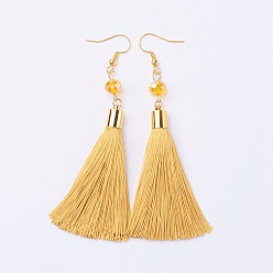Goldenrod Ice Silk Thread Tassel Dangle Earrings, with Glass Beads and Brass Earring Hooks, Golden, Goldenrod, 93mm, Pin: 0.6mm, Pendant: 75x8mm
