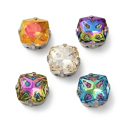 Платина Шить на горный хрусталь, многожильные звенья из стекла, хрусталя и стразов, с настройками латуни, аксессуары для одежды, граненые, квадратный, разноцветные, платина, 13x13x7 мм, отверстие : 1 мм