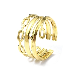 Настоящее золото 18K Ионное покрытие (ip) 304 открытая манжета из нержавеющей стали, широкие кольца с тройными линиями, реальный 18 k позолоченный, внутренний диаметр: 18 мм