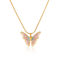Бледно-Розовый 304 из нержавеющей стали кулон ожерелья эмали, бабочка, золотые, розовый жемчуг, 16.54 дюйм (42 см)