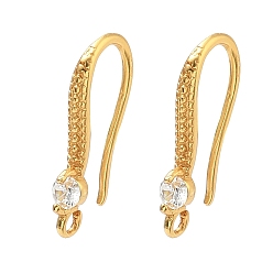 Настоящее золото 24K Крючки для сережек из латуни с прозрачным кубическим цирконием, долговечный, без свинца и без кадмия, стойки покрытие, с петлей, реальный 24 k позолоченный, 9 датчик, 19x9x3 мм, отверстие : 1.5 мм, штифты : 0.8 мм