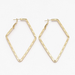 Golden Brass Hoop Earrings, Long-Lasting Plated, Textured, Rhombus, Golden, 64x42.5x2mm, Pin: 1mm