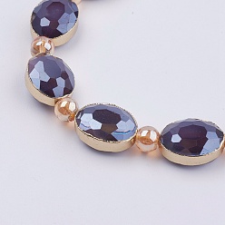 Dark Slate Blue Opaque Glass Beads Strands, with Brass Findings, Pearl Luster Plated, Faceted, Oval, Golden, DarkSlate Blue, 12x16x7.5mm, Hole: 1mm, about 10pcs/strand, 8.2 inch (21cm)