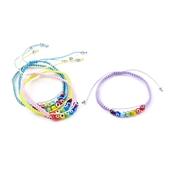 Mixed Color Chakra Jewelry, Adjustable Nylon Cord Braided Bead Bracelet, with Evil Eye Lampwork Round Beads and Alloy Spacer Beads, Mixed Color, Inner Diameter: 2-1/8~3-1/2 inch(5.5~9cm)