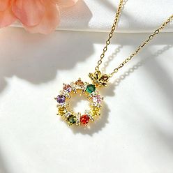 Golden Brass Pave Colorful Cubic Zirconia Ring Pendant 304 Stainless Steel Cable Chain Necklaces for Women, Golden, 15.75 inch(40cm)