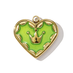 Лайм 304 нержавеющей стальной эмали подвески, сердце с подвесками в виде короны, ионное покрытие (ip), реальный 18 k позолоченный, желто-зеленые, 15x14 мм