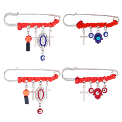 Античный Серебристый & Платиновый 4 шт. 4 стили стальные броши, с подвесками из эмали и сплава , сглаз и рука хамса и крест, старинное серебро и платина, 65 мм