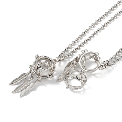 Platinum Brass Pendant Necklaces, Iron Rolo Chains, Woven Net/Web with Feather, Platinum, 32.05 inch(814mm)