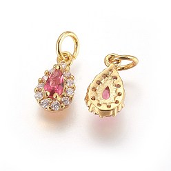 Бледно-фиолетовый Красный Латунь прелести циркония кубической, капля, золотые, бледно-фиолетовый красный, 11~11.5x6.5x4 мм, отверстие : 3~4 мм