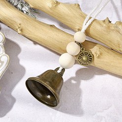 Плоский Круглый Железный колокольчик подвесные украшения, Подвеска из круглой бусины из дерева и макраме из хлопкового шнура и сплава для украшения стены дома, двери, плоско-круглые, 195~200 мм, подвеска: 20x16x2 мм.