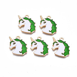 Зеленый Подвески из эмали и сплава, без кадмия, без никеля и без свинца, золотой свет, единорог, зелёные, 20x21.5x2 мм, отверстие : 1.6 мм