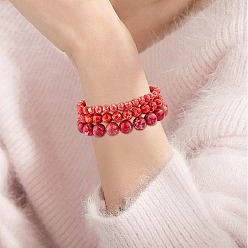 Dark Red 3Pcs 3 Size Synthetic Imperial Jasper Round Beaded Stretch Bracelets Set, Gemstone Jewelry for Women, Dark Red, Inner Diameter: 2-1/8 inch(5.5cm), Beads: 6~10mm, 1Pc/size