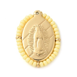 Светло-желтый 304 прелести нержавеющей стали, овальные с Иисусом, со стеклянными бисеринами, реальный 14 k позолоченный, светло-желтый, 25.5x19x2.5 мм, отверстие : 1.2 мм