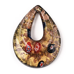 Черный Ручной золотой песок Lampwork большие кулоны, внутри millefiori стекло, слеза, чёрные, 52.5x39x12 мм, отверстие : 25x10 мм