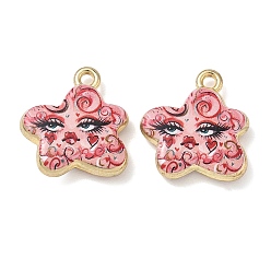 Deep Pink Printed Alloy Pendants, Flower with Lady Face Charms, Rack Plating, Cadmium Free & Nickel Free & Lead Free, Golden, Deep Pink, 18.5x17x4mm, Hole: 1.8mm