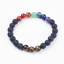 Tigerauge Natürlichen Tigerauge Stretch-Armbänder, mit gemischten Steinen und Lavastein, 2 Zoll~2-1/8 Zoll (50~53mm)