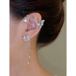 Light Gold Модные латунные серьги-каффы с кисточками, с высоким чувством изгиба, со стразами, бабочка, золотой свет, 110x45 мм