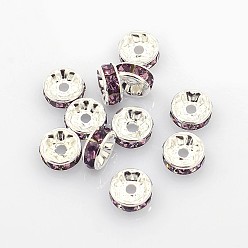 Light Amethyst Brass Grade A Rhinestone Spacer Beads, Silver Metal Color, Nickel Free, Light Amethyst, 7x3.2mm, Hole: 1.2mm