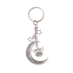 Antique Silver Tibetan Style Alloy Pendants Keychains, with Iron Split Key Rings, Moon with Angel, Antique Silver, 9.1cm