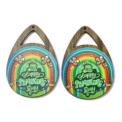 Colorful Saint Patrick's Day Single Face Printed Wood Big Pendants, Teardrop Charms with Rainbow, Colorful, 54x38x2.5mm, Hole: 1.5mm