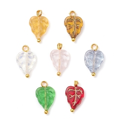 Золотой Шармы из чешского стекла, очарование листа, с латунными петлями, золотые, 15x9x3 мм, отверстие : 1.8 мм