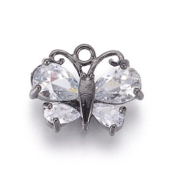Gunmetal Brass Cubic Zirconia Pendants, Long-Lasting Plated, Butterfly, Clear, Gunmetal, 12x15x4mm, Hole: 1.5mm