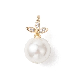 Белый Круглые подвески из ракушечного жемчуга, с латунными микропаве из прозрачного кубического циркония и застежками, золотые, белые, 22.5x12 мм, отверстие : 5.5x3.5 мм