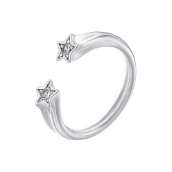 Прозрачный Латунные микропаве кубические цирконии манжеты открытые кольца для женщин, звезда, платина, прозрачные, 17 мм