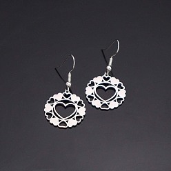 Color de Acero Inoxidable 304 aretes colgantes de acero inoxidable para mujer, plano y redondo con corazón, color acero inoxidable, 40x20 mm