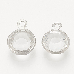 Прозрачный Стеклянные прелести, с 304 вывод из нержавеющей стали, плоско-круглые, граненые, цвет нержавеющей стали, прозрачные, 12x8.5x4 мм, отверстие : 1.5 мм