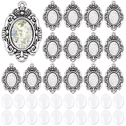 Antique Silver 30Pcs Tibetan Style Alloy Pendant Cabochon Settings, Oval, 30Pcs Transparent Oval Glass Cabochons, Antique Silver, 30x19mm