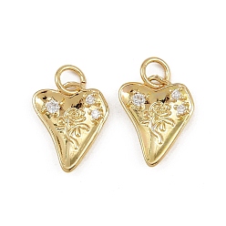 Настоящее золото 18K Латунные микро проложить кубического циркония подвески, подвески в виде сердца с цветочным узором, с целью перехода в кольце, стойки покрытие, долговечный, без свинца и без кадмия, реальный 18 k позолоченный, 14.5x11.5x2.5 мм, отверстие : 3.5 мм