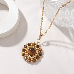 Тигровый глаз Подвеска в виде солнца из натурального тигрового глаза, ограненного круглого размера, и золотистого стеклянного бисера 304 цепочка из нержавеющей стали для женщин, золотые, 17.72 дюйм (45 см)