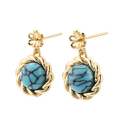 Настоящее золото 18K Фурнитура для сережек-гвоздиков из латуни и синтетической бирюзы, с 925 иглой из стерлингового серебра, за половину пробурено бисера, без кадмия, без никеля и без свинца, реальный 18 k позолоченный, 20x12.5 мм, штифты : 0.8 мм