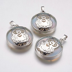 Opalite Opalite Pendants, with Platinum Tone Brass Findings, Flat Round with Owl, 31.5x27x6mm, Hole: 5x8mm