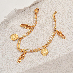 Золотой Модные старинные латунные браслеты с подвесками в виде монет и вышитых туфель, браслеты figaro chains для женщин, золотые, внутренний диаметр: 7-7/8 дюйм (20 см)