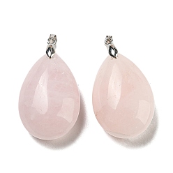 Rose Quartz Natural Rose Quartz Pendants, Teardrop Charms, with Rack Plating Platinum Plated Brass Pinch Bails, Lead Free & Cadmium Free, 41~42x23~24x13~14.5mm, Hole: 4x3.5mm