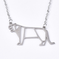 Stainless Steel Color Non-Tarnish 201 Stainless Steel Pendant Necklaces, with Cable Chains, Tiger, Stainless Steel Color, 17.7 inch(45cm), 2mm, Tiger: 21.5x39x1mm