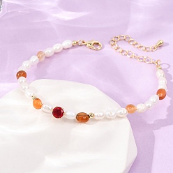 Carnelian Natural Carnelian Chip and Rice Natural Pearl Beaded Bracelets, Brass Pave Cubic Zirconia Bracelets, Real 18K Gold Plated, Long-Lasting Plated, Rack Plating, Lead Free & Cadmium Free, 6.50 inch(16.5cm)